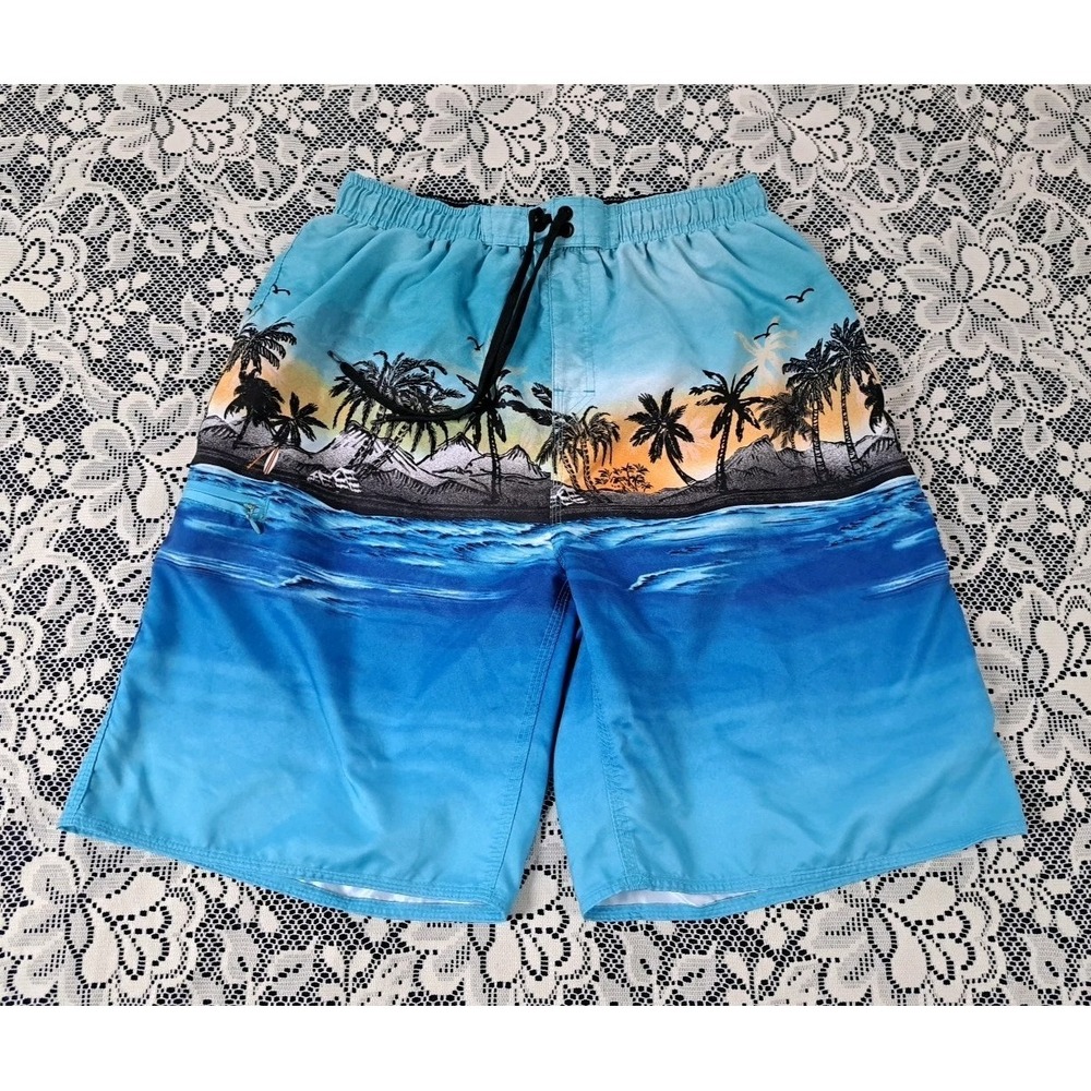 Burnside Swim Trunks M Blue/Palm Trees Graphic Print Board Shorts Elastic Waist